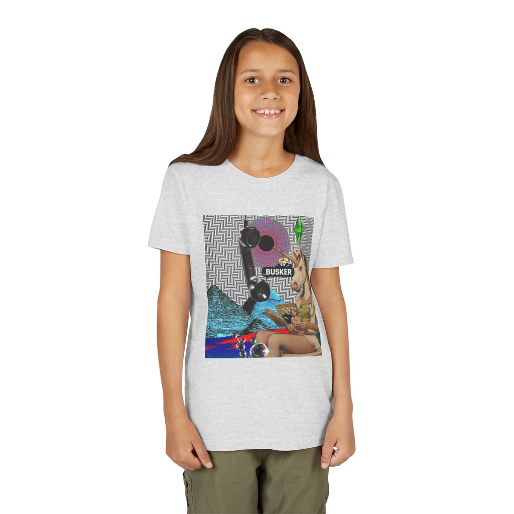 Youth Graphic Tee with Fun 'Busker' Design, Cool Summer Shirt, Gifts for Kids, Festival Attire, Trendy Youthwear
