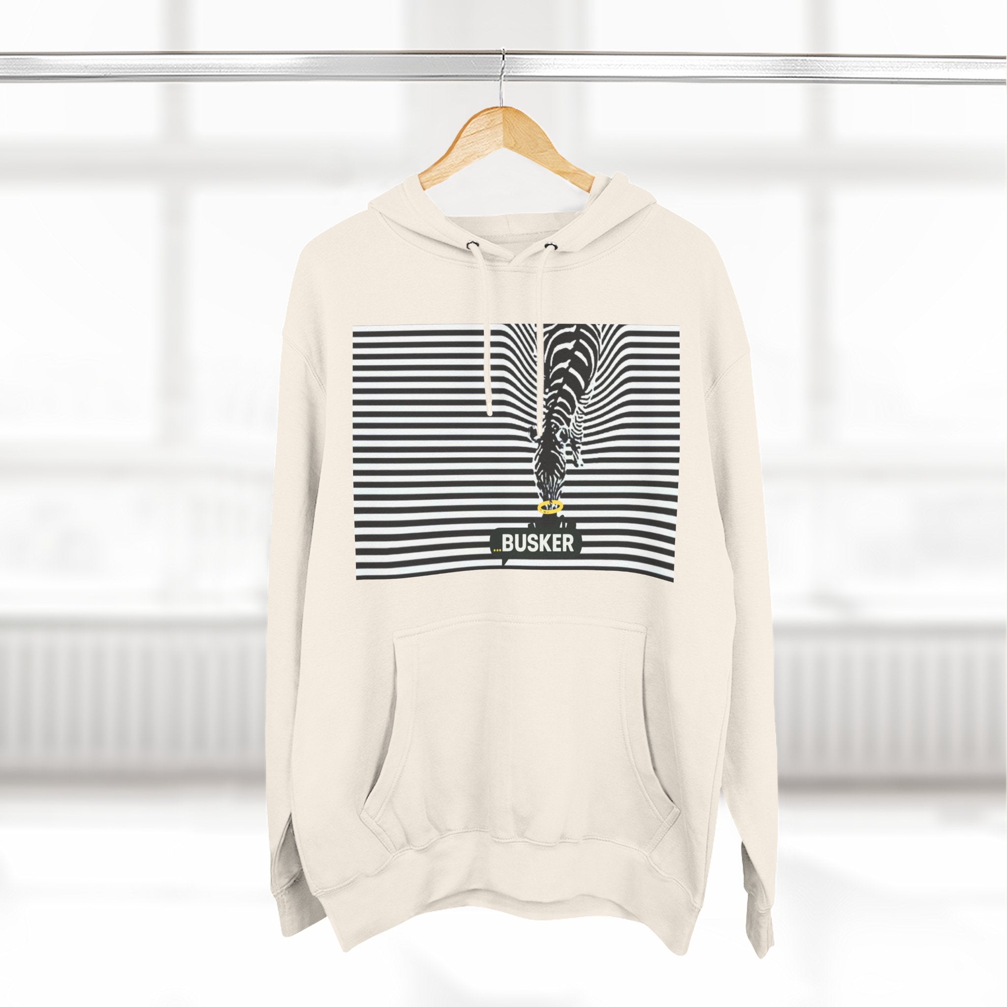 Busker Three-Panel Fleece Hoodie, Striped Design, Unisex Fashion Hoodie, Cozy Gift for Music Lovers, Street Performer Style