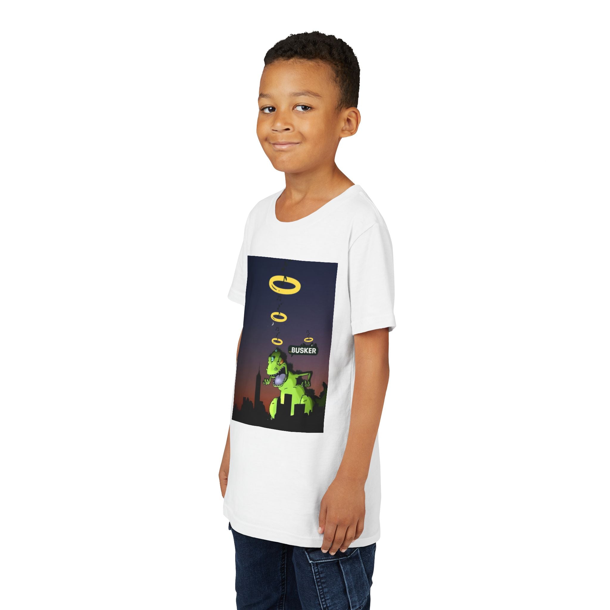 Youth Graphic Tee with Dinosaur Design, Fun Tee for Kids, Summer Style, Birthday Gift, Casual Wear, Playful Outfit, Busker Theme