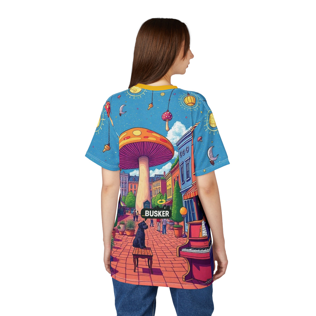 Colorful Mushroom Art Unisex Tee, Funky Graphic Tee, Gift for Music Lovers, Street Art Apparel, Summer Festival Shirt, Unique AOP T-Shirt