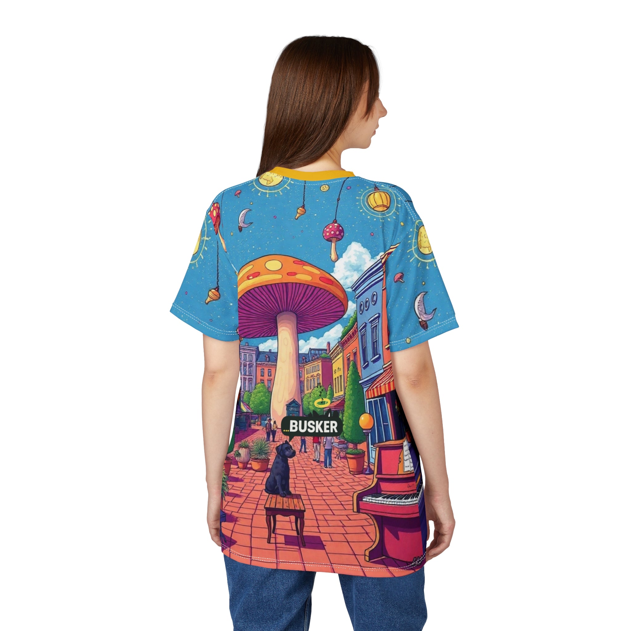 Colorful Mushroom Art Unisex Tee, Funky Graphic Tee, Gift for Music Lovers, Street Art Apparel, Summer Festival Shirt, Unique AOP T-Shirt
