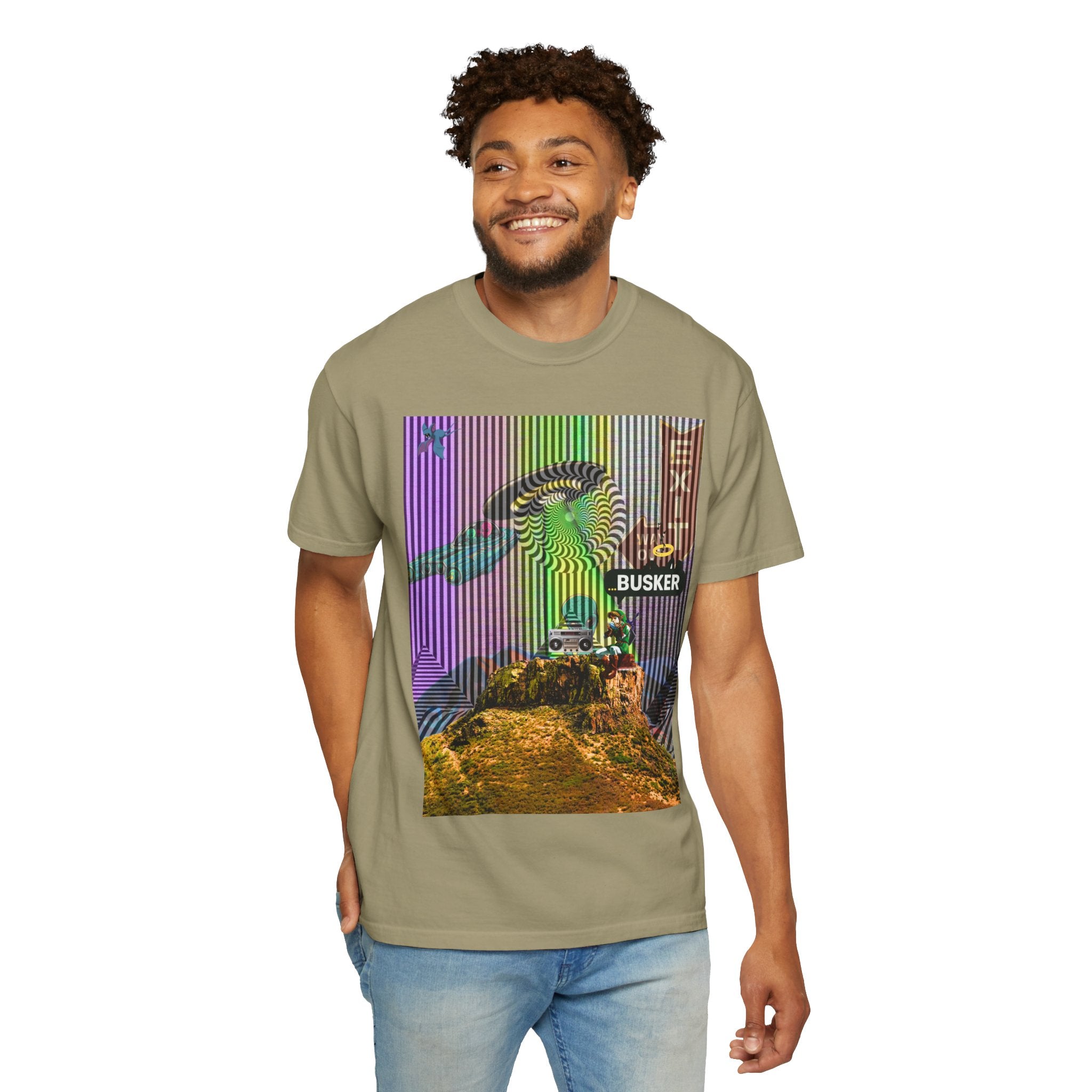 Psychedelic Busker T-Shirt, Unisex Graphic Tee, Music Lover Gift, Festival Wear, Casual Streetwear, Colorful Arttee