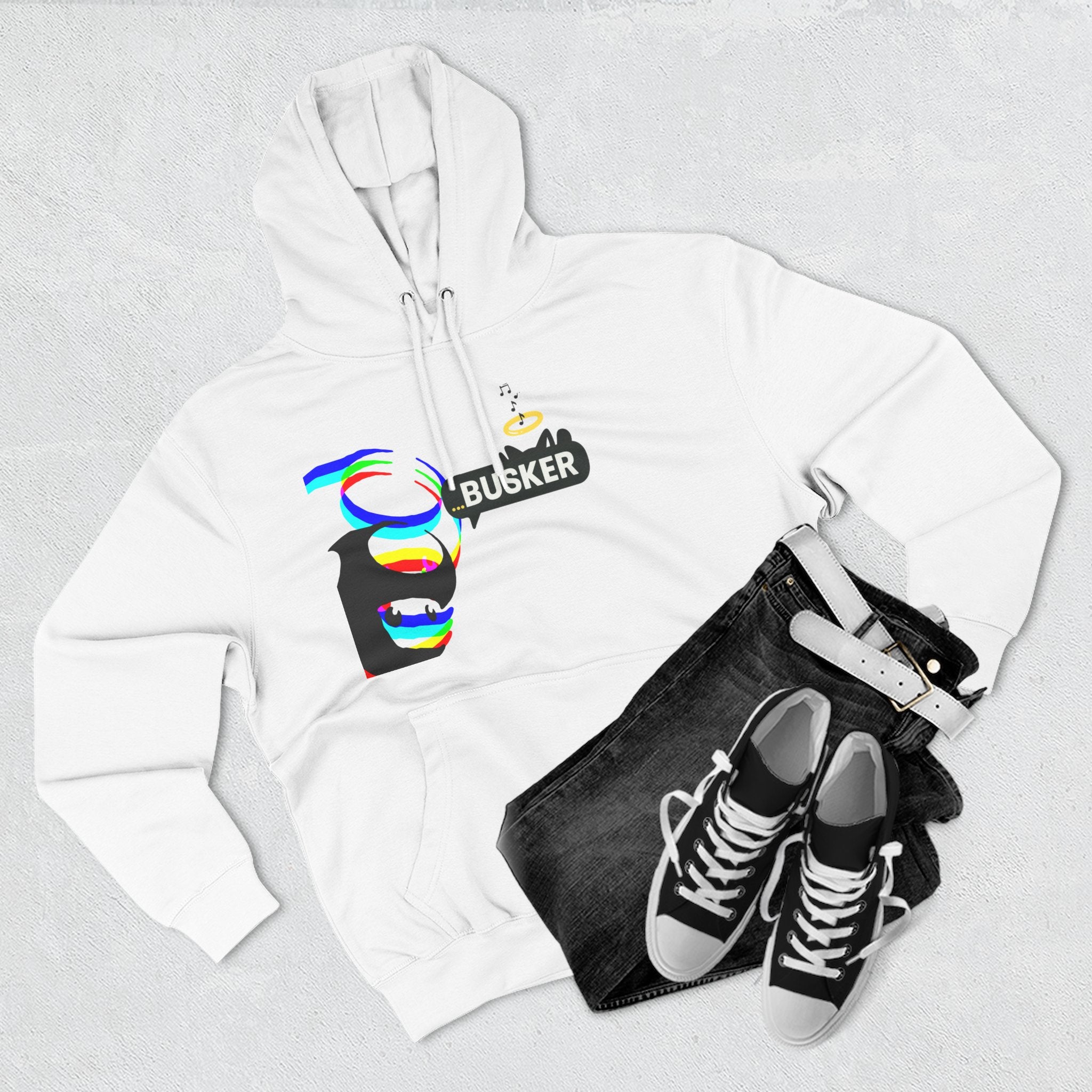 Colorful Busker Fleece Hoodie, Music Lover Hoodie, Street Performer Apparel, Cozy Fashion, Gift for Musicians, Art Enthusiast Clothing