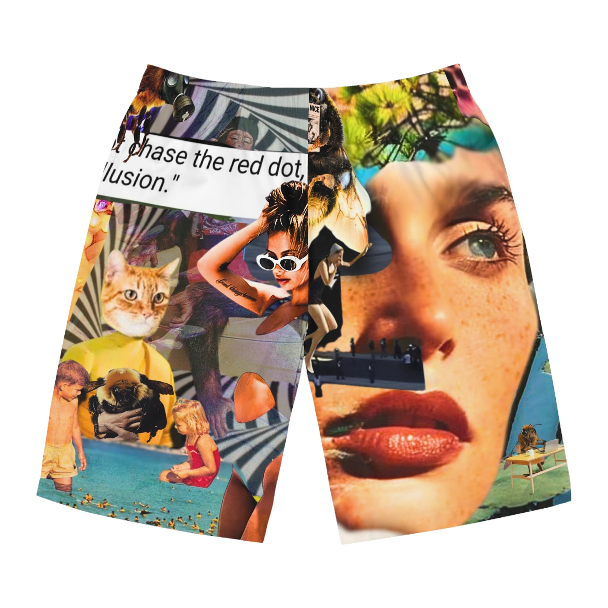 Collage Surf Board Shorts — Retro Pop Art Swim Trunks with Face & Cat Motif