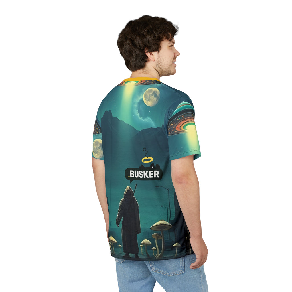 Cosmic Busker Unisex Tee, Galaxy T-Shirt, Sci-Fi Short Sleeve Shirt, Unique Graphic Top, Music Lover Gift, Street Performer Apparel