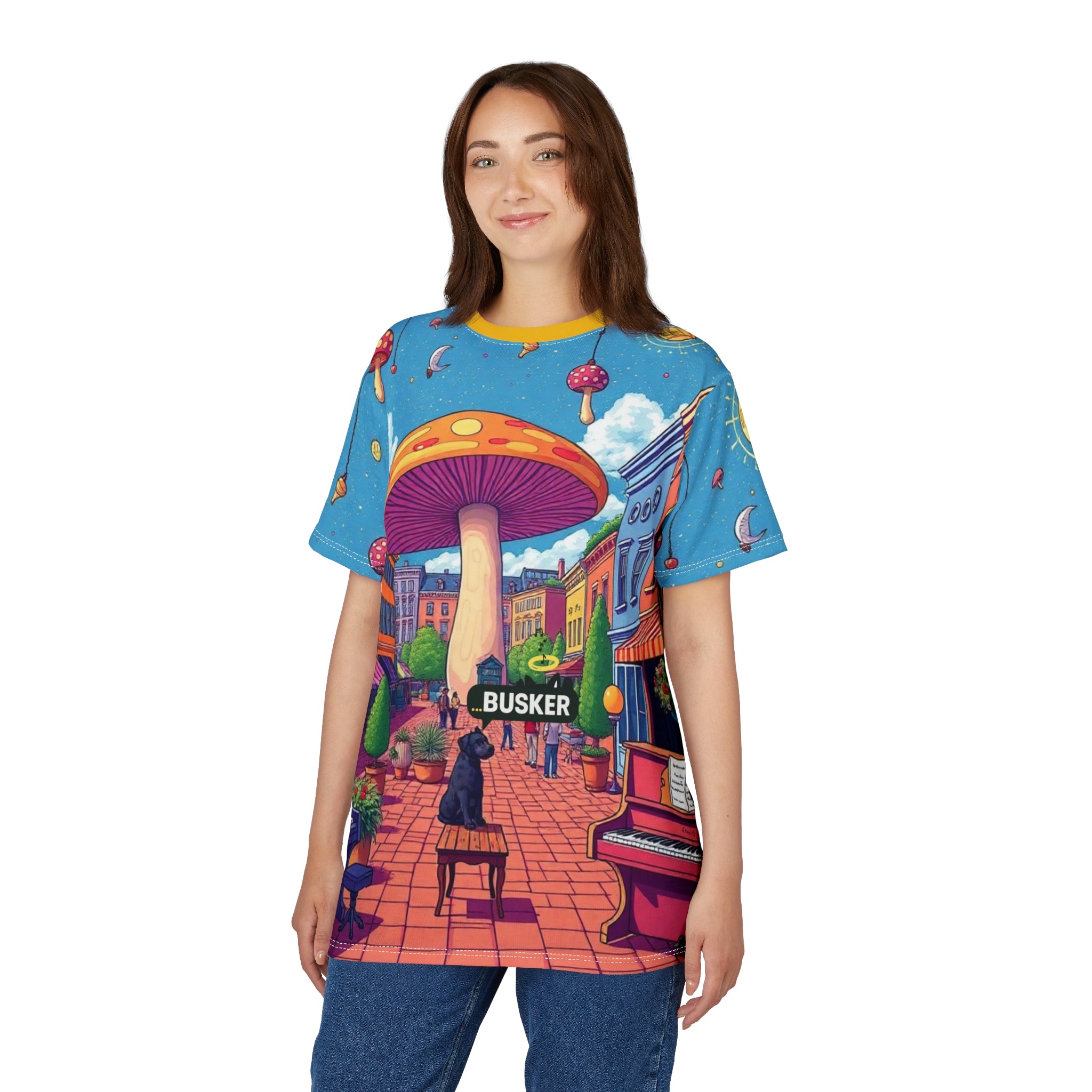 Colorful Mushroom Art Unisex Tee, Funky Graphic Tee, Gift for Music Lovers, Street Art Apparel, Summer Festival Shirt, Unique AOP T-Shirt