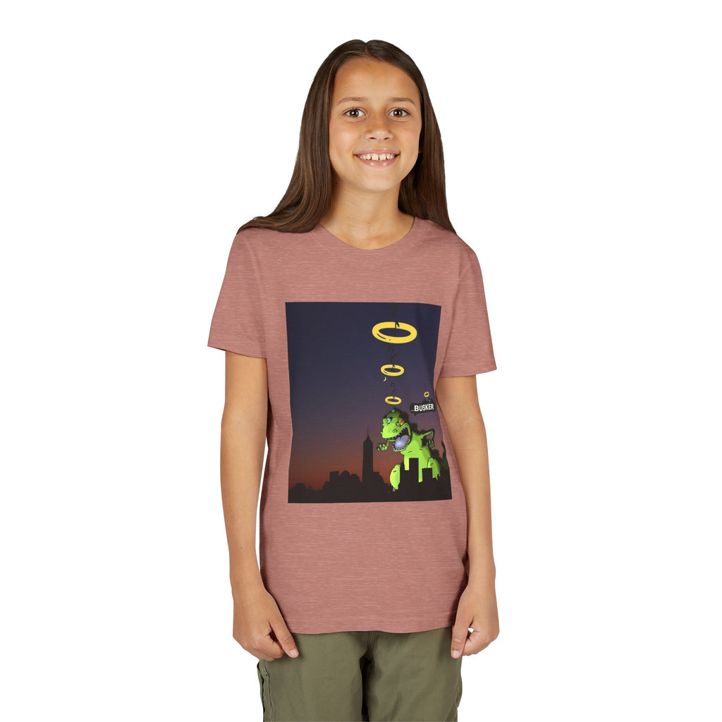 Youth Graphic Tee with Dinosaur Design, Fun Tee for Kids, Summer Style, Birthday Gift, Casual Wear, Playful Outfit, Busker Theme