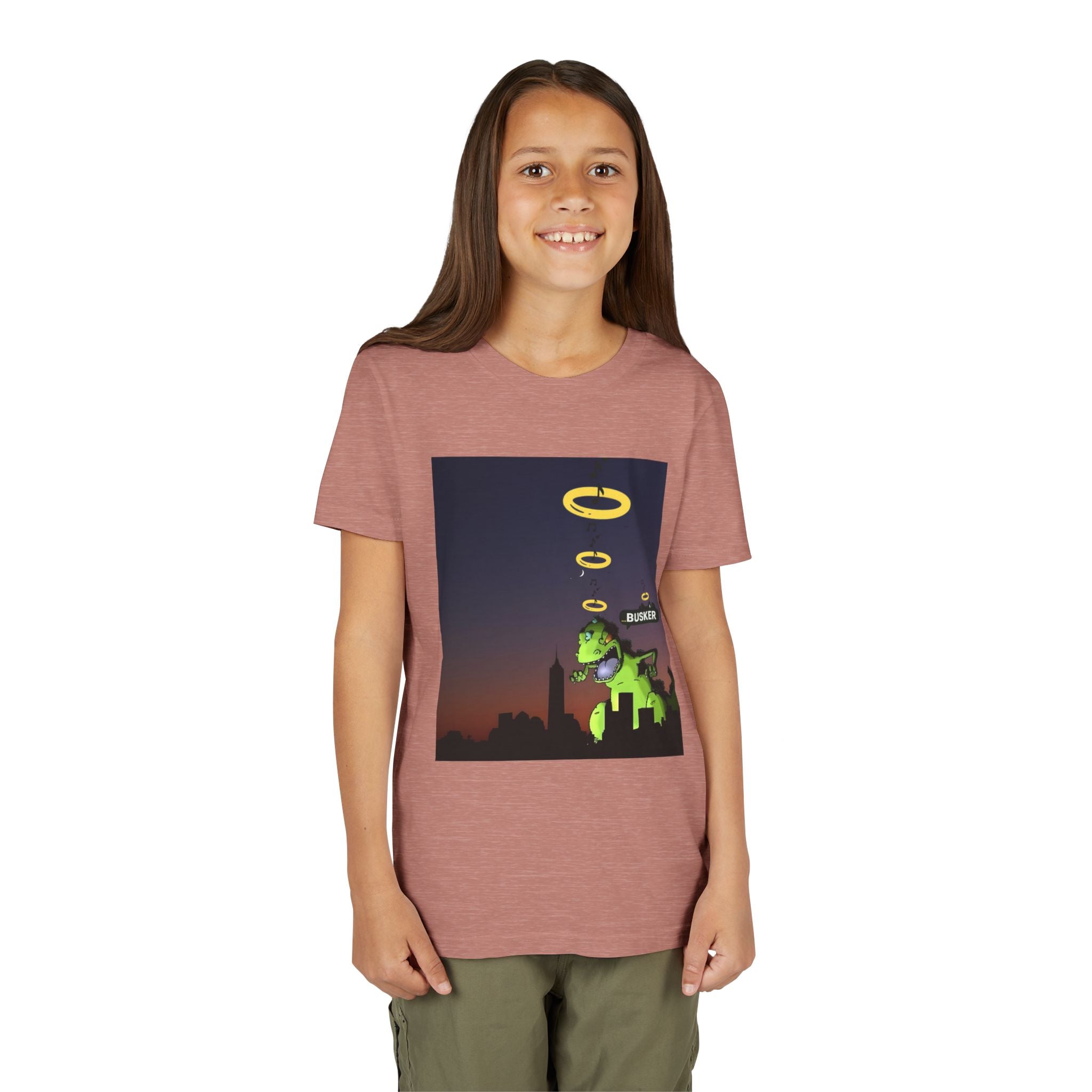 Youth Graphic Tee with Dinosaur Design, Fun Tee for Kids, Summer Style, Birthday Gift, Casual Wear, Playful Outfit, Busker Theme