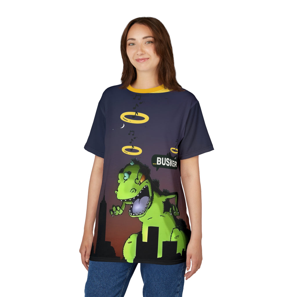 Rooftop Dino Busker Tee | Fun Graphic Shirt for Music Lovers, Festivals, Retro Style, Unisex T-Shirt, Unique Gift Idea