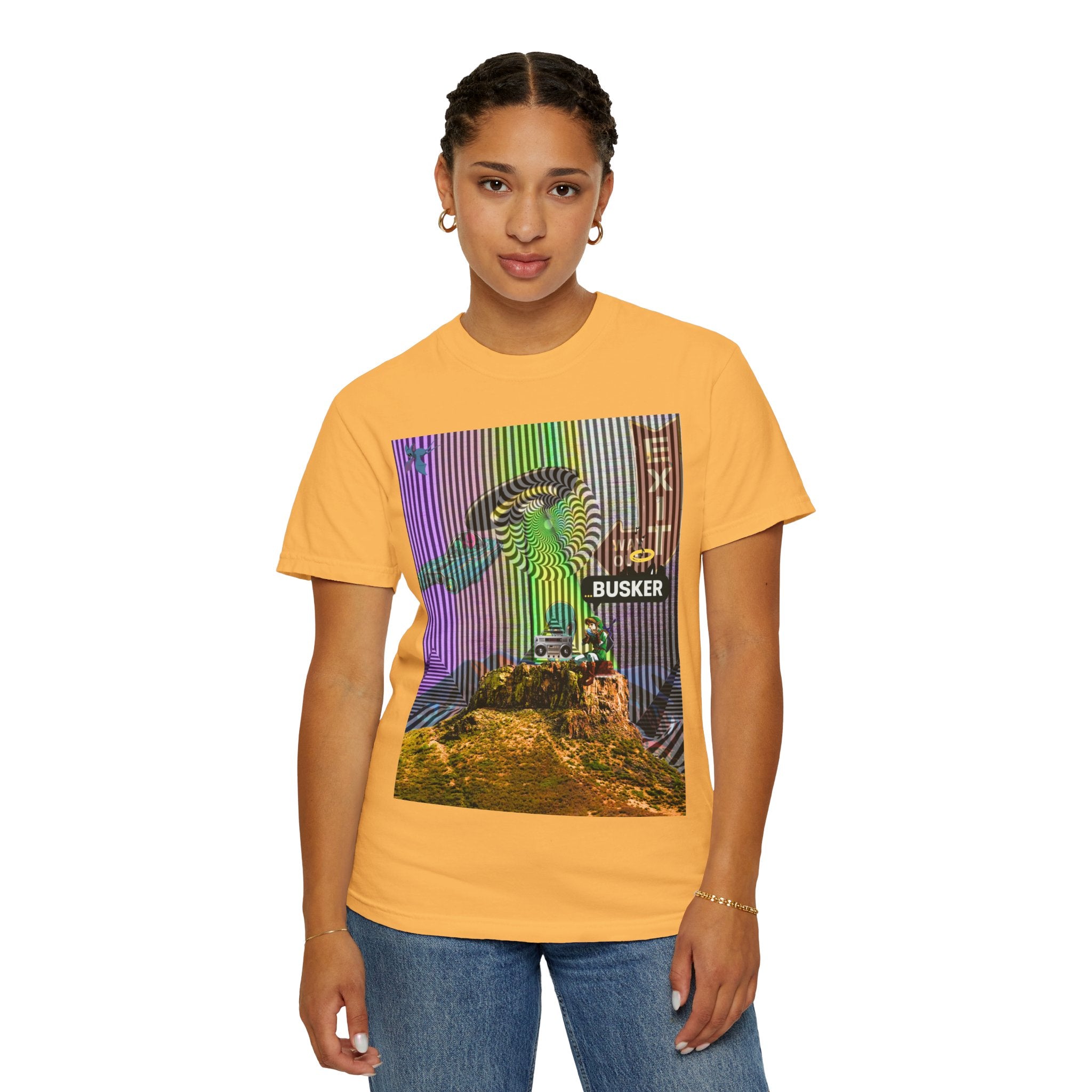 Psychedelic Busker T-Shirt, Unisex Graphic Tee, Music Lover Gift, Festival Wear, Casual Streetwear, Colorful Arttee