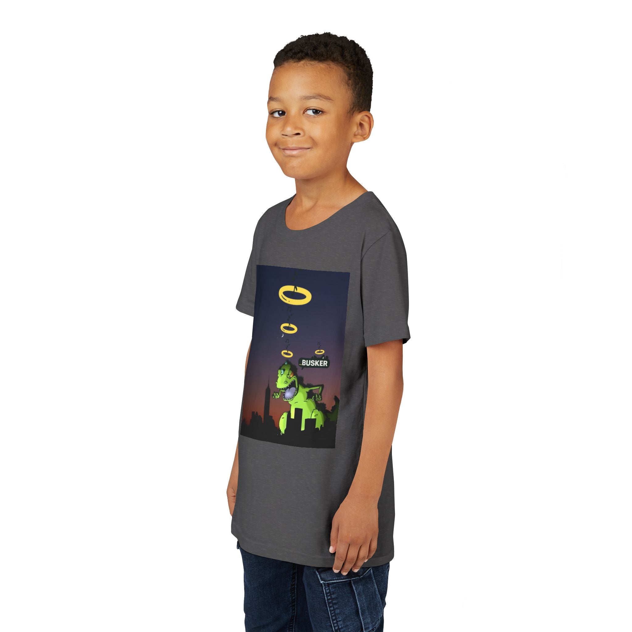 Youth Graphic Tee with Dinosaur Design, Fun Tee for Kids, Summer Style, Birthday Gift, Casual Wear, Playful Outfit, Busker Theme