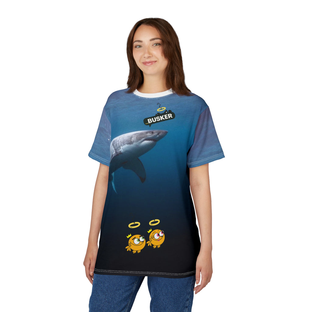 Ocean-Inspired Unisex Cut & Sew Tee, Unique Shark Design, Beachwear, Fun Gift for Ocean Lovers, Playful and Comfortable Clothing