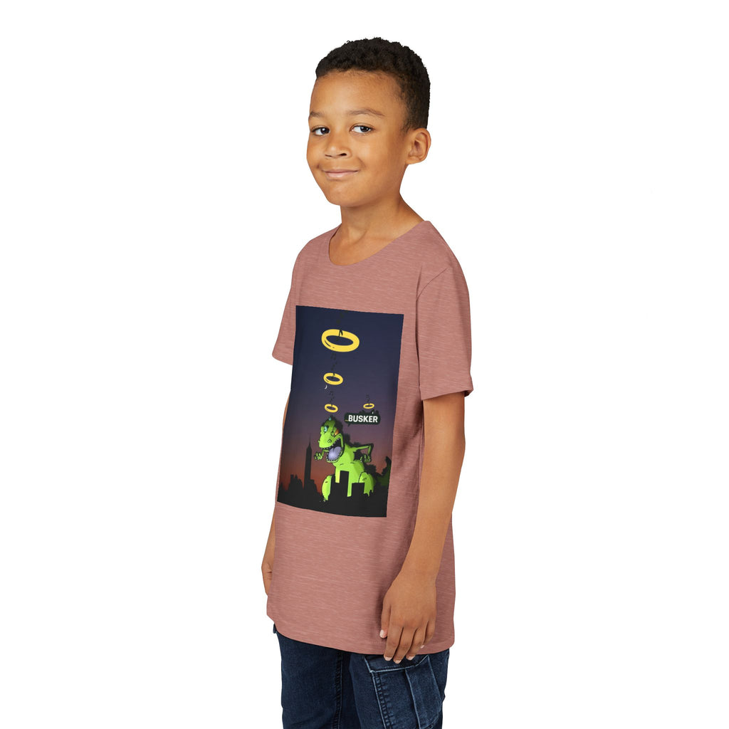 Youth Graphic Tee with Dinosaur Design, Fun Tee for Kids, Summer Style, Birthday Gift, Casual Wear, Playful Outfit, Busker Theme