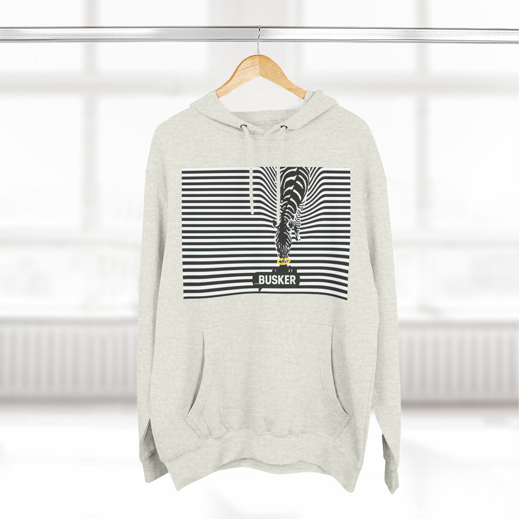Busker Three-Panel Fleece Hoodie, Striped Design, Unisex Fashion Hoodie, Cozy Gift for Music Lovers, Street Performer Style