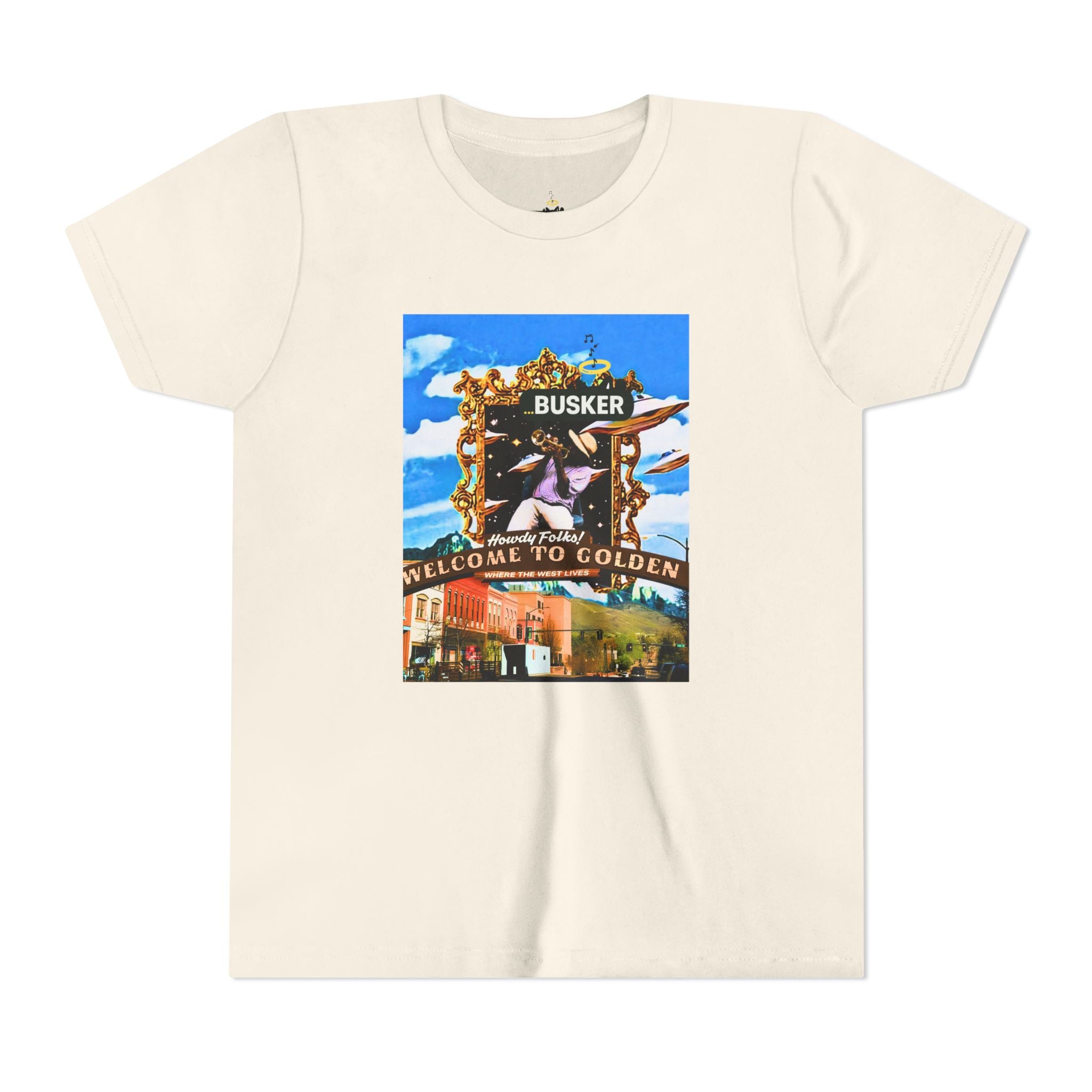 Golden Busker Youth Tee, Summer T-Shirt, Kids Casual Wear, Music Festival Swag, Gift for Young Artists