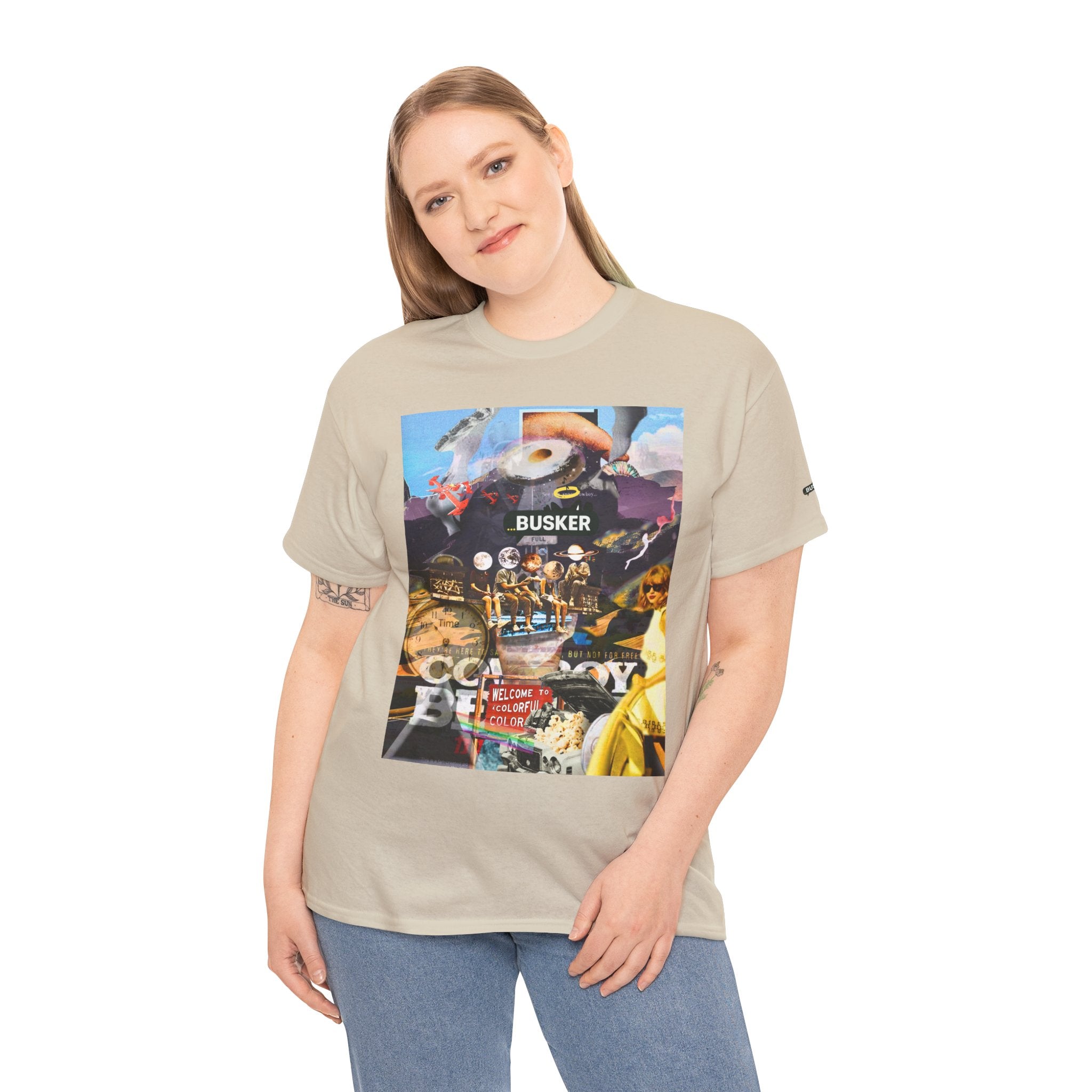 Busker Collage Graphic Tee — Vintage Music Poster Streetwear