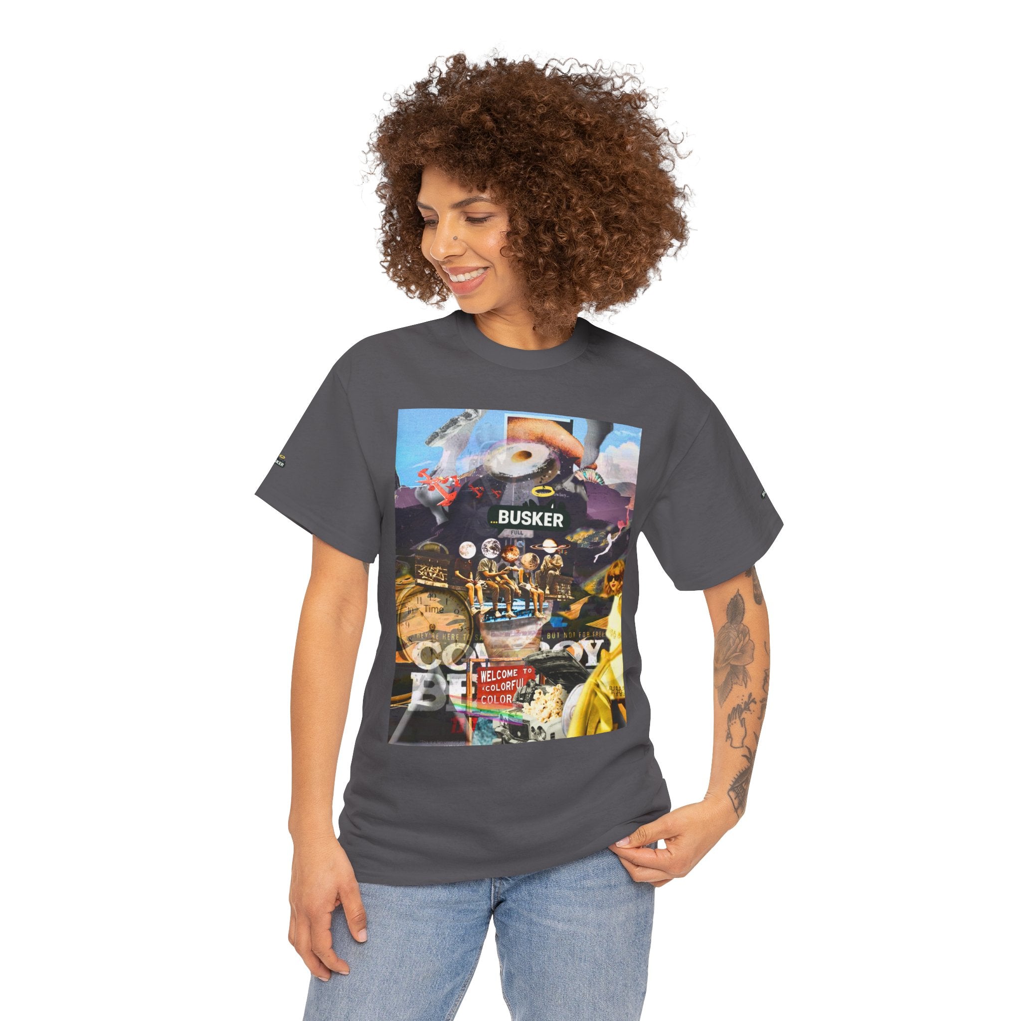 Busker Collage Graphic Tee — Vintage Music Poster Streetwear