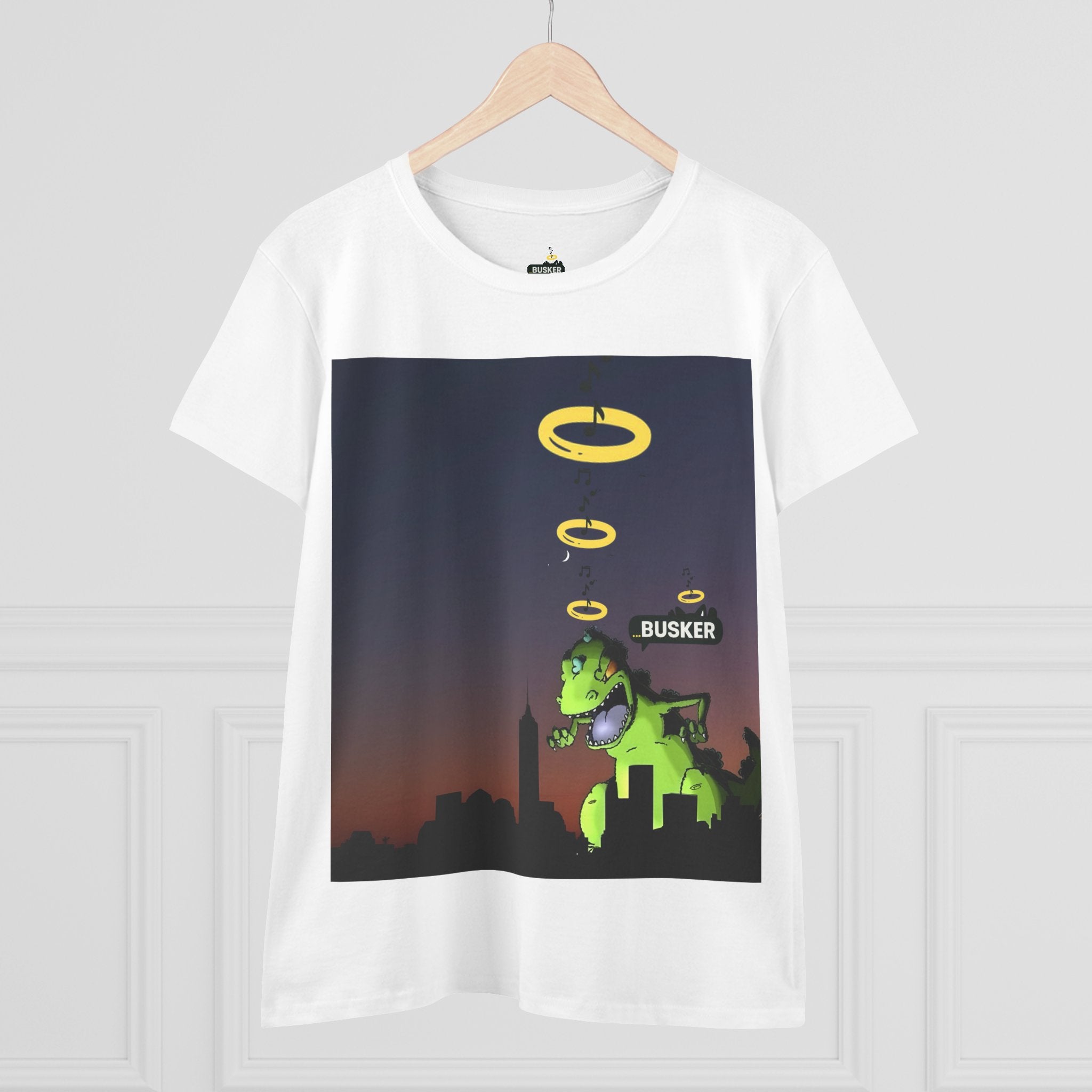 Dinosaur Busker Tee - Fun Women's Cotton T-Shirt, Casual Wear, Gift for Music Lovers, Dinosaur Design, Summer Essential