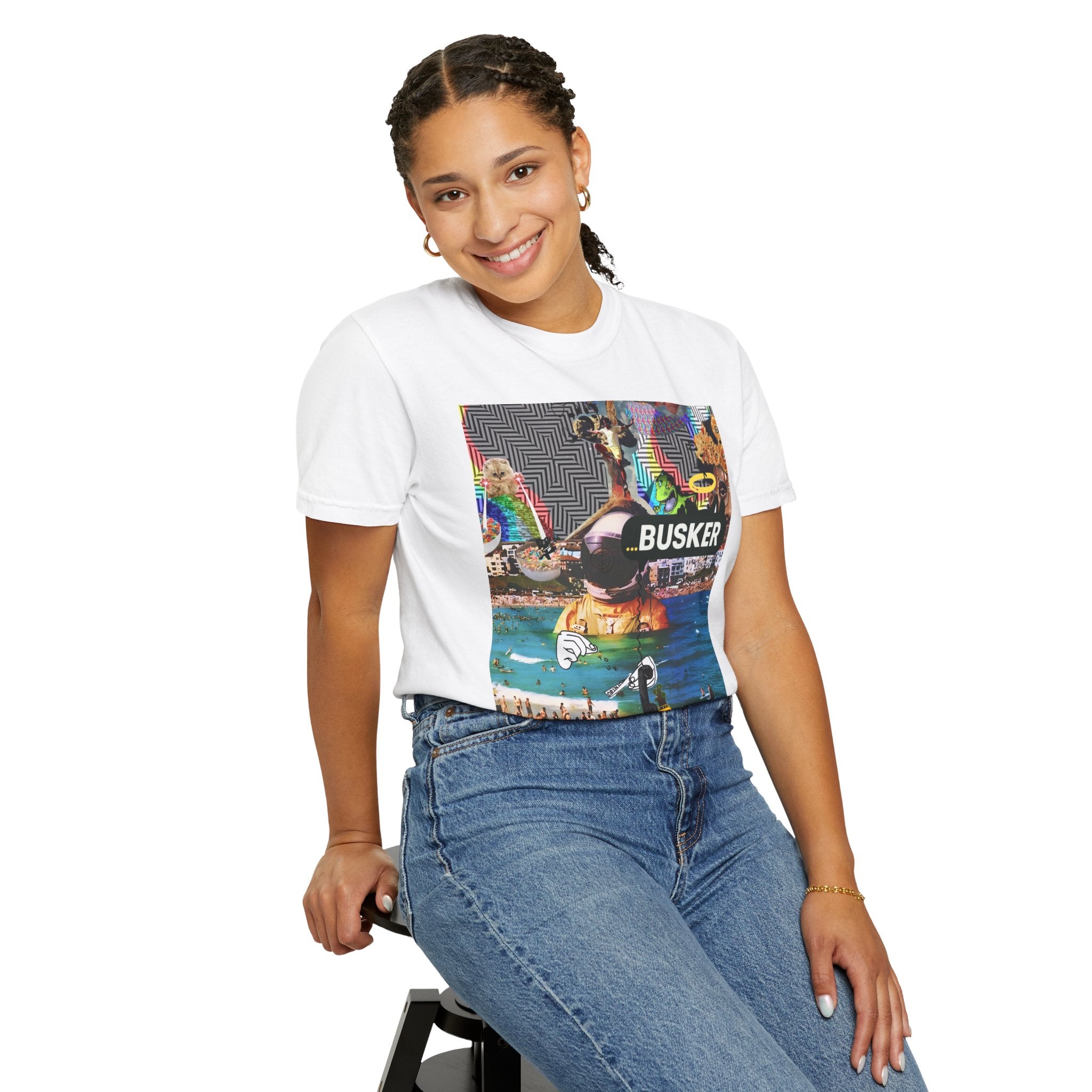 Vibrant Busker T-Shirt, Unisex Graphic Tee, Street Art Inspired Apparel, Casual Wear, Summer Festival Clothing