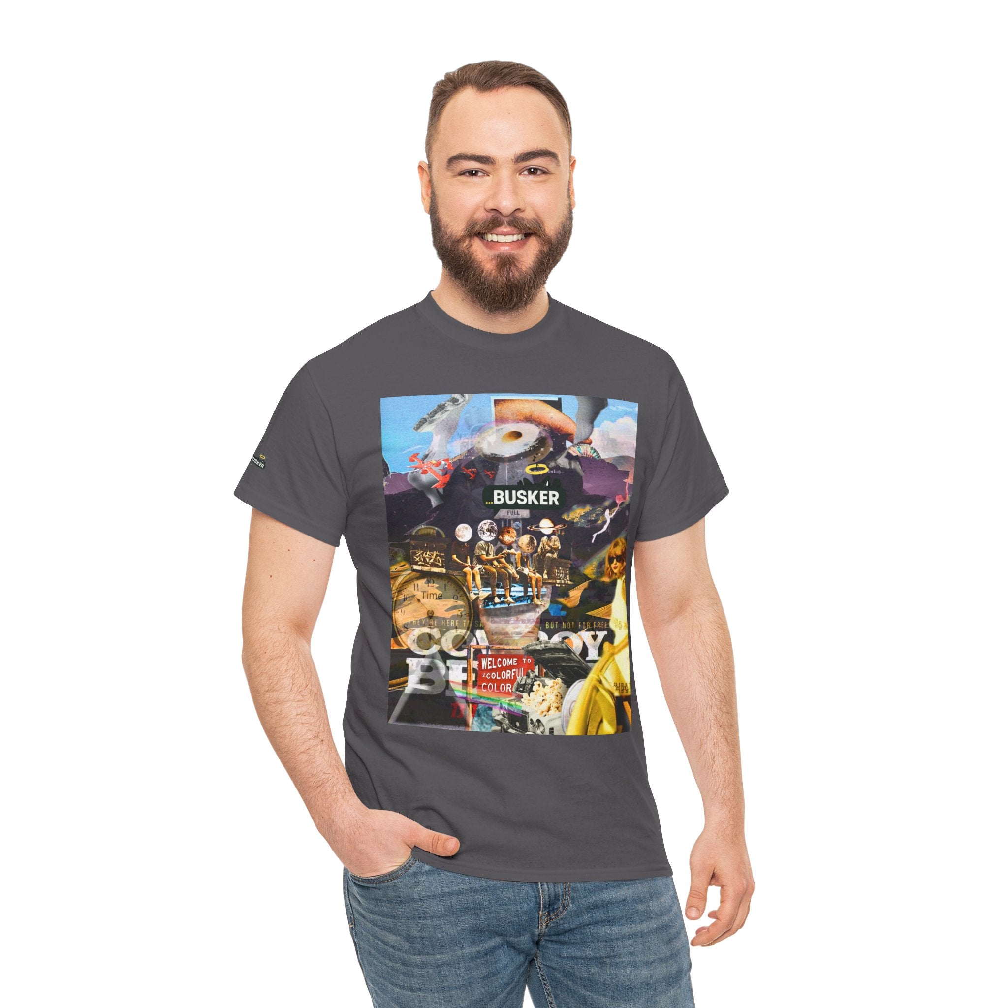 Busker Collage Graphic Tee — Vintage Music Poster Streetwear