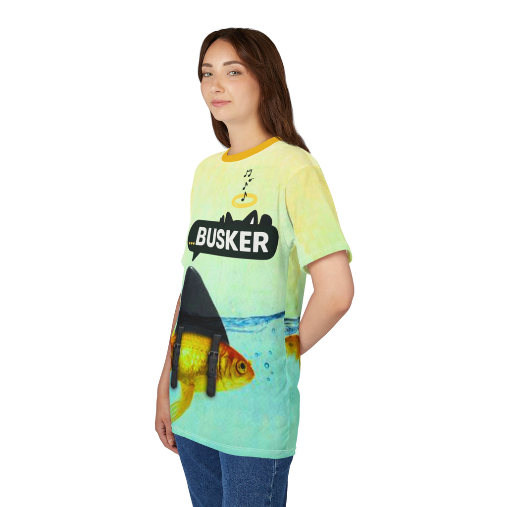 Goldfish Busker Unisex Tee, Fun Graphic T-Shirt, Music Lover Gift, Quirky Ocean Apparel, Summer Vibes Shirt, Unique Beachwear