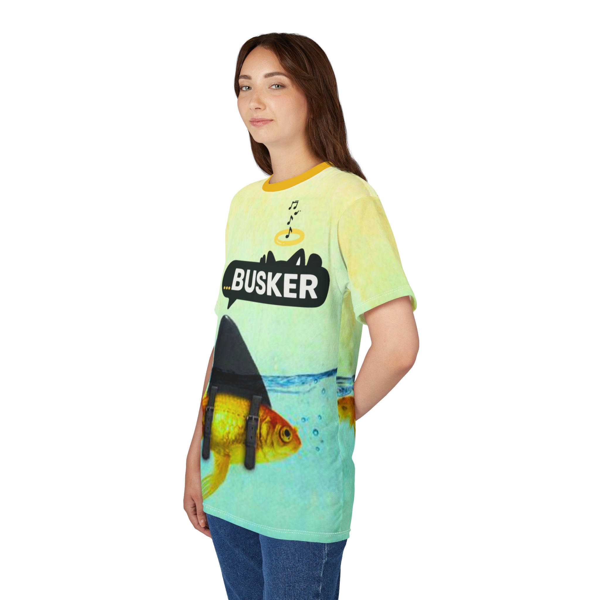 Goldfish Busker Unisex Tee, Fun Graphic T-Shirt, Music Lover Gift, Quirky Ocean Apparel, Summer Vibes Shirt, Unique Beachwear