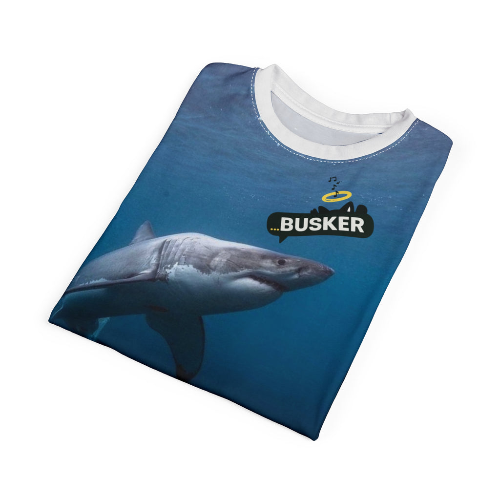 Ocean-Inspired Unisex Cut & Sew Tee, Unique Shark Design, Beachwear, Fun Gift for Ocean Lovers, Playful and Comfortable Clothing
