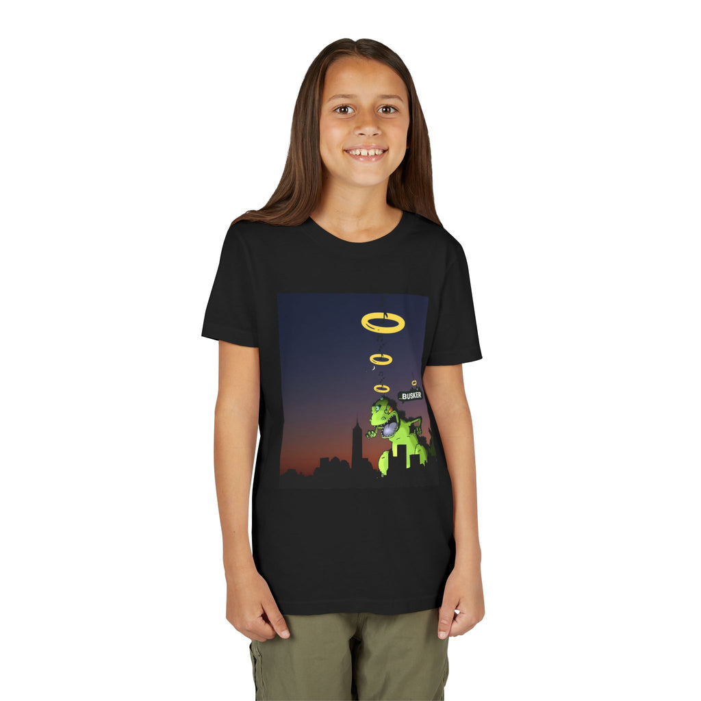 Youth Graphic Tee with Dinosaur Design, Fun Tee for Kids, Summer Style, Birthday Gift, Casual Wear, Playful Outfit, Busker Theme