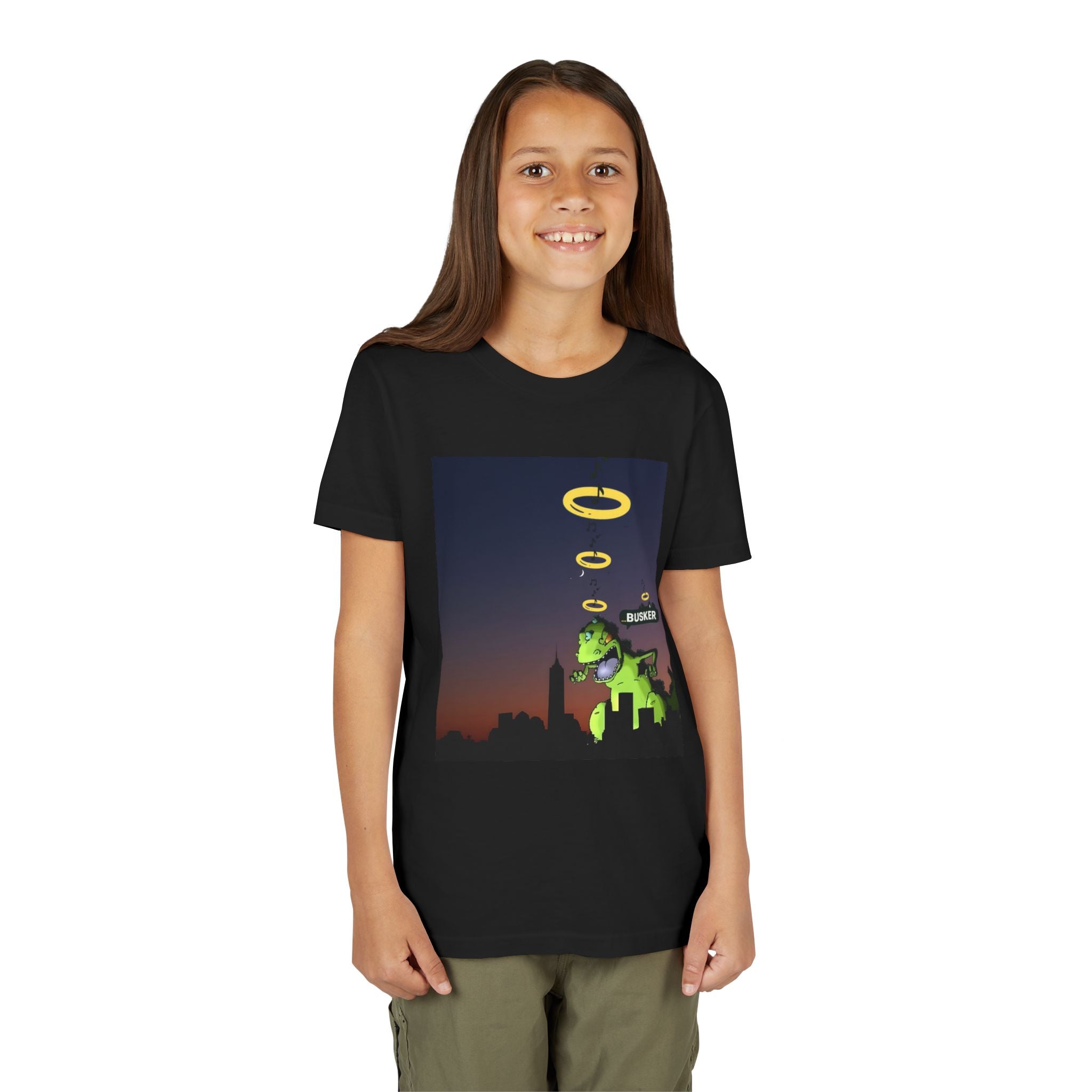Youth Graphic Tee with Dinosaur Design, Fun Tee for Kids, Summer Style, Birthday Gift, Casual Wear, Playful Outfit, Busker Theme