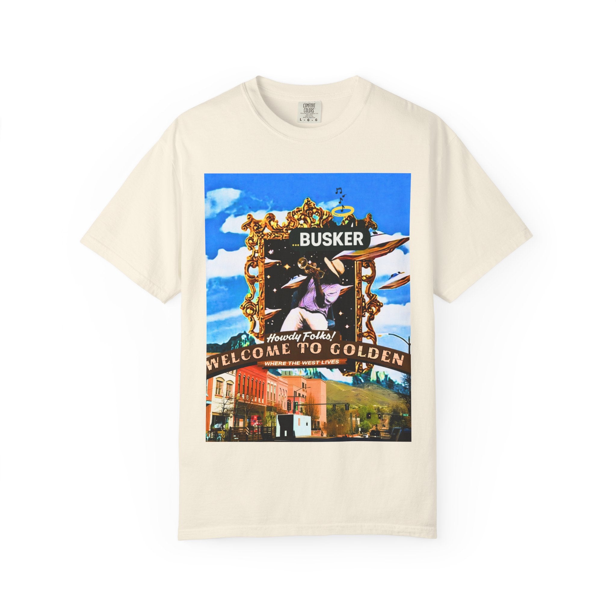 "Welcome to Golden" Exclusive Busker Unisex Garment-Dyed T-shirt, Music Lover Gift, Vintage Style Tee, Festival Wear, Casual Outfit