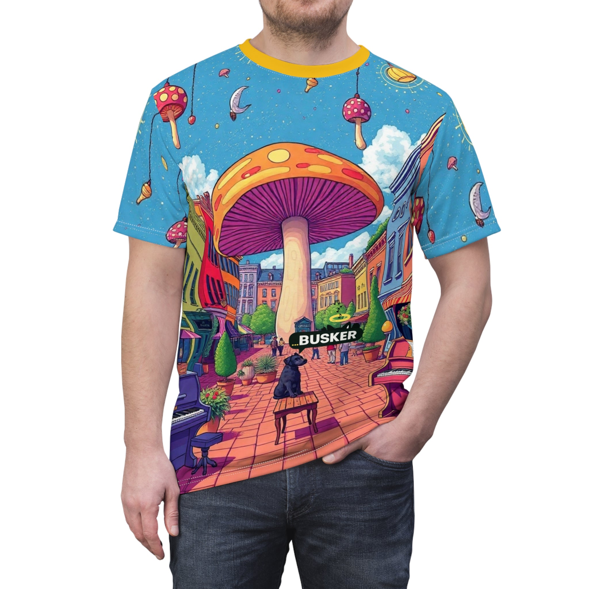 Colorful Mushroom Art Unisex Tee, Funky Graphic Tee, Gift for Music Lovers, Street Art Apparel, Summer Festival Shirt, Unique AOP T-Shirt