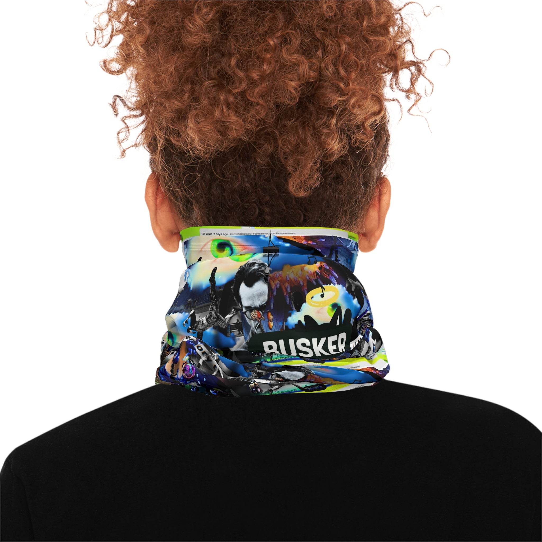 Busker Collage Winter Neck Gaiter with Drawstring — Vibrant Street Performer Graphic Face Mask