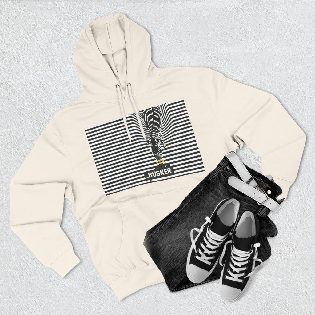 Busker Three-Panel Fleece Hoodie, Striped Design, Unisex Fashion Hoodie, Cozy Gift for Music Lovers, Street Performer Style