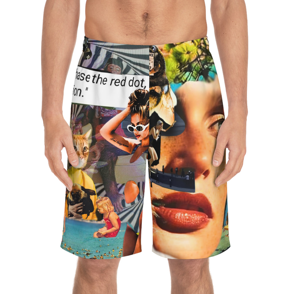 Collage Surf Board Shorts — Retro Pop Art Swim Trunks with Face & Cat Motif