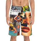Collage Surf Board Shorts — Retro Pop Art Swim Trunks with Face & Cat Motif