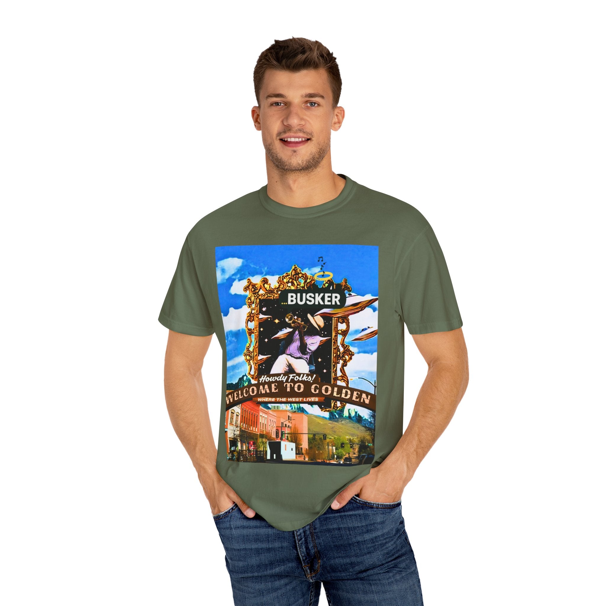 "Welcome to Golden" Exclusive Busker Unisex Garment-Dyed T-shirt, Music Lover Gift, Vintage Style Tee, Festival Wear, Casual Outfit