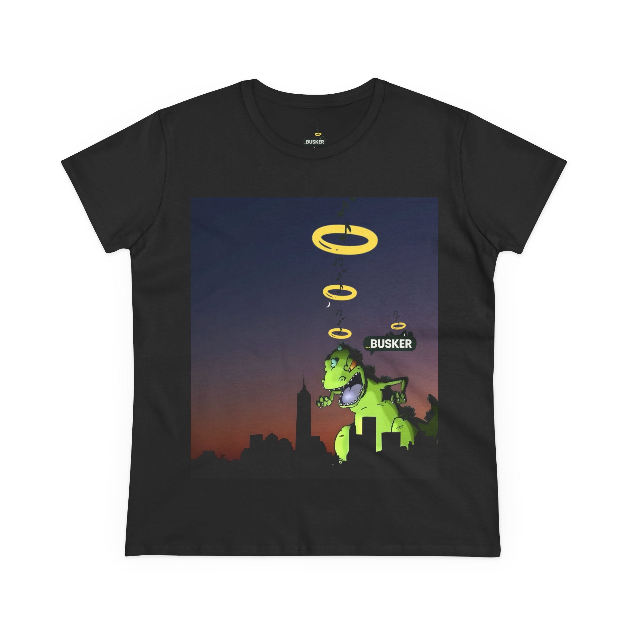 Dinosaur Busker Tee - Fun Women's Cotton T-Shirt, Casual Wear, Gift for Music Lovers, Dinosaur Design, Summer Essential