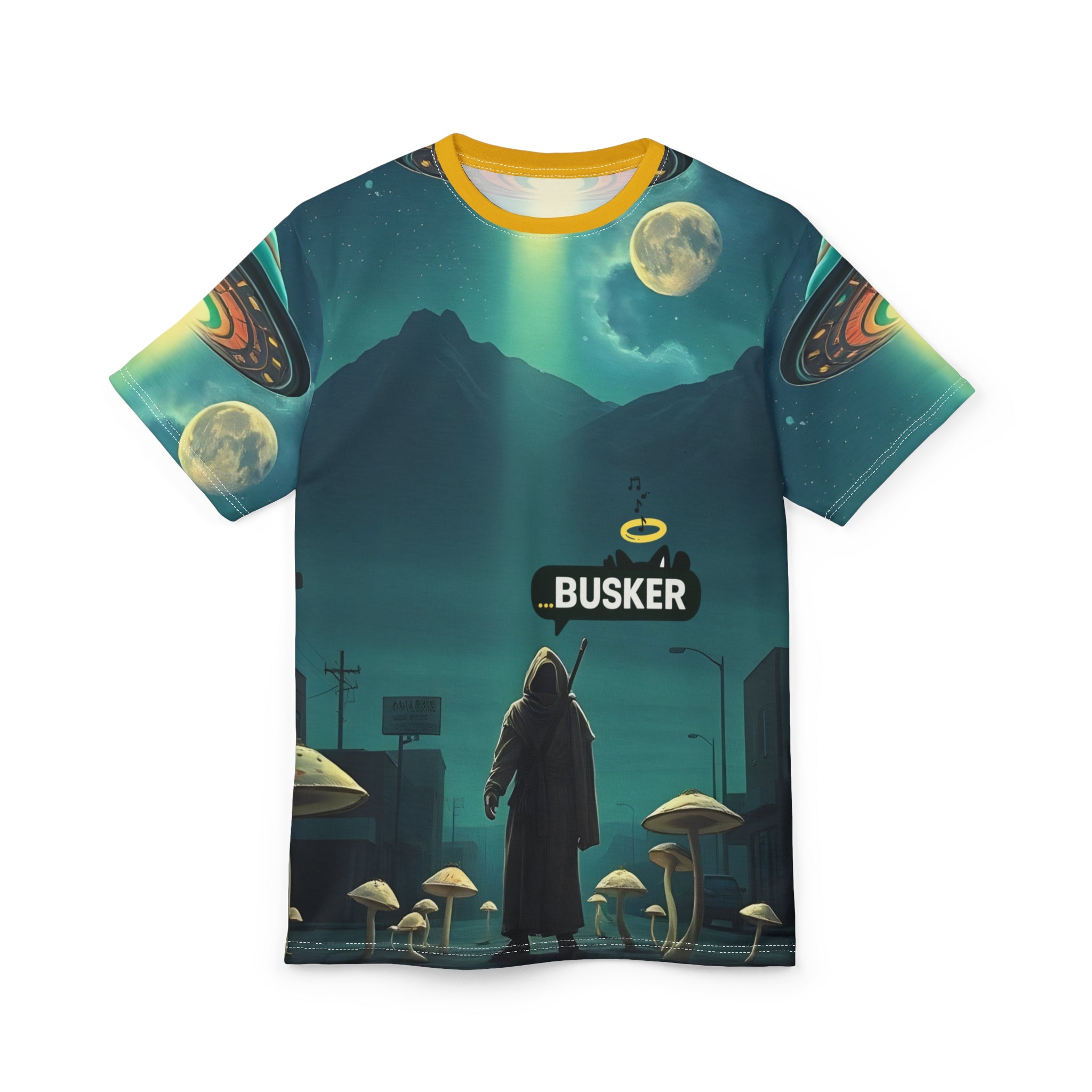 Cosmic Busker Unisex Tee, Galaxy T-Shirt, Sci-Fi Short Sleeve Shirt, Unique Graphic Top, Music Lover Gift, Street Performer Apparel