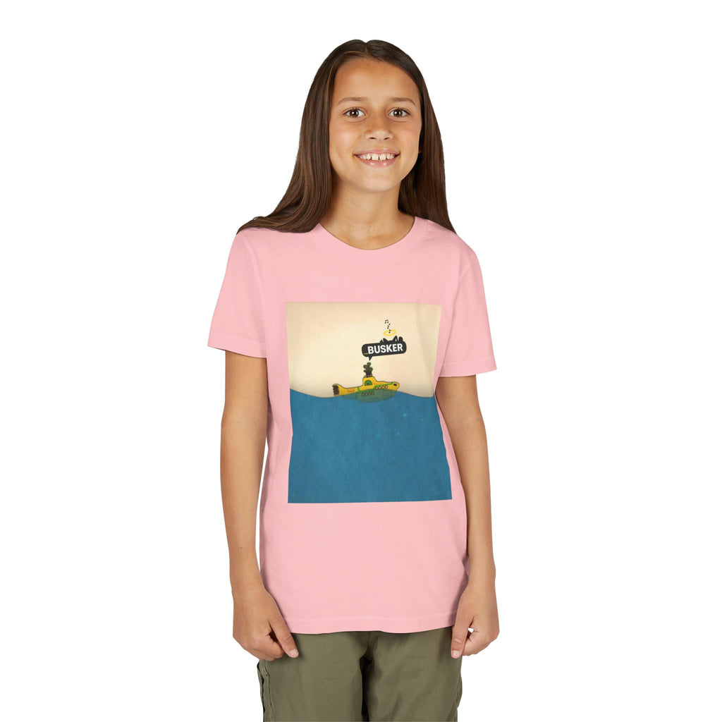 Whimsical Youth Tee with 'Busker' Design, Fun Gift, Summer Style, Music Lovers, Kid's Fashion, Creative Apparel