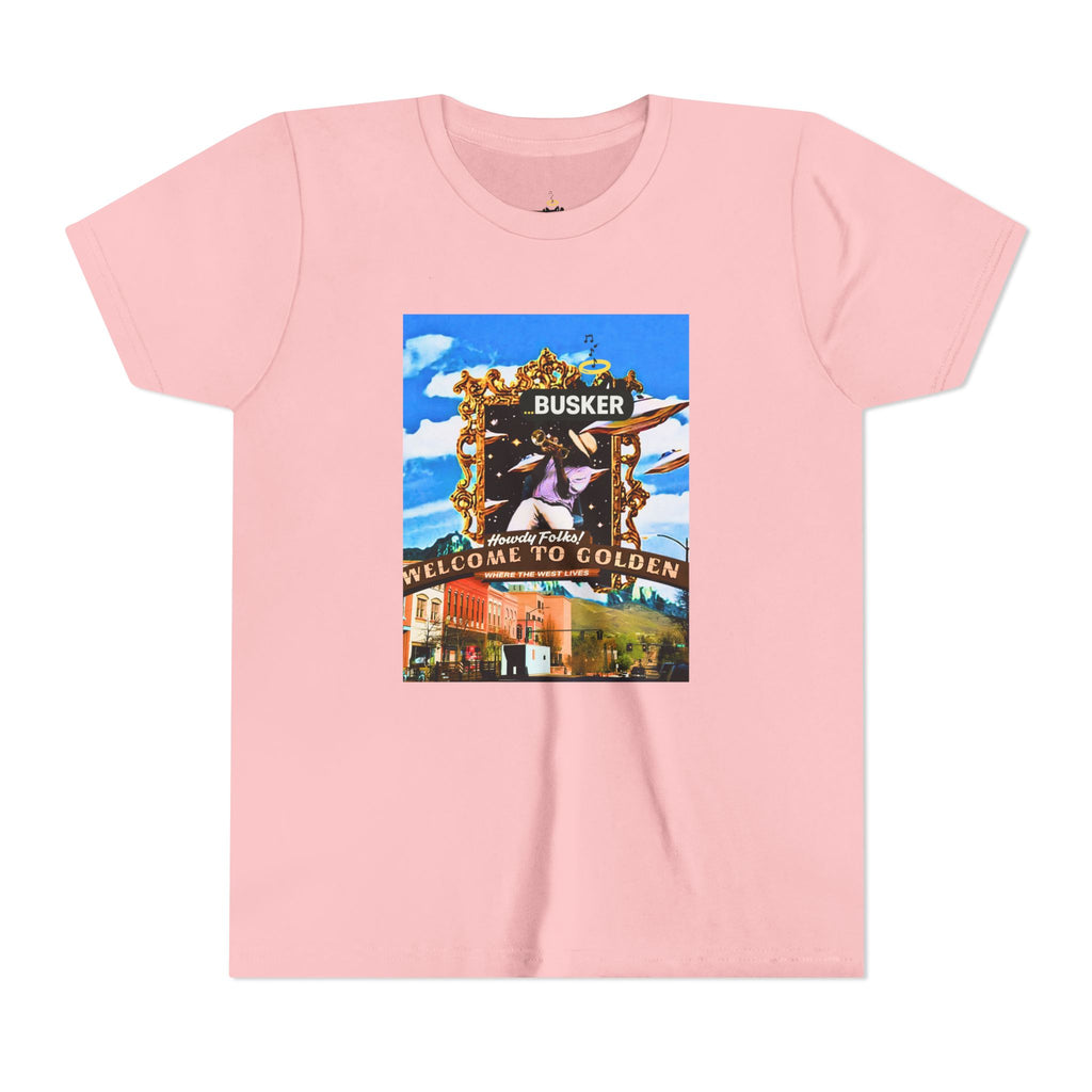 Golden Busker Youth Tee, Summer T-Shirt, Kids Casual Wear, Music Festival Swag, Gift for Young Artists