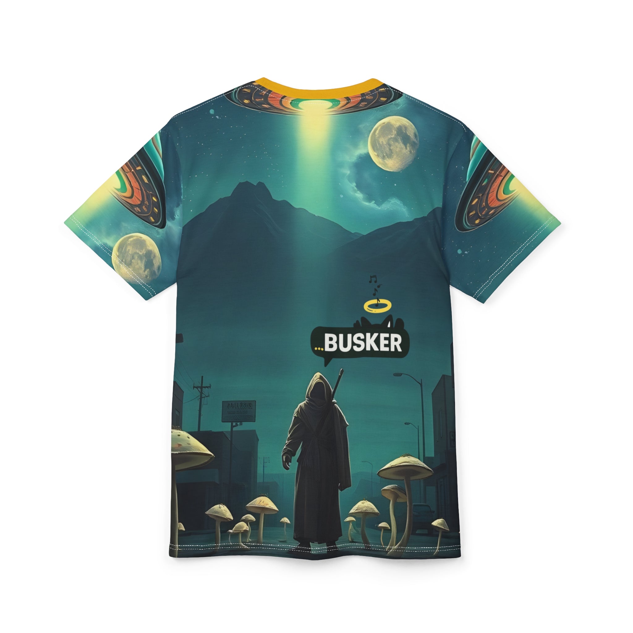 Cosmic Busker Unisex Tee, Galaxy T-Shirt, Sci-Fi Short Sleeve Shirt, Unique Graphic Top, Music Lover Gift, Street Performer Apparel