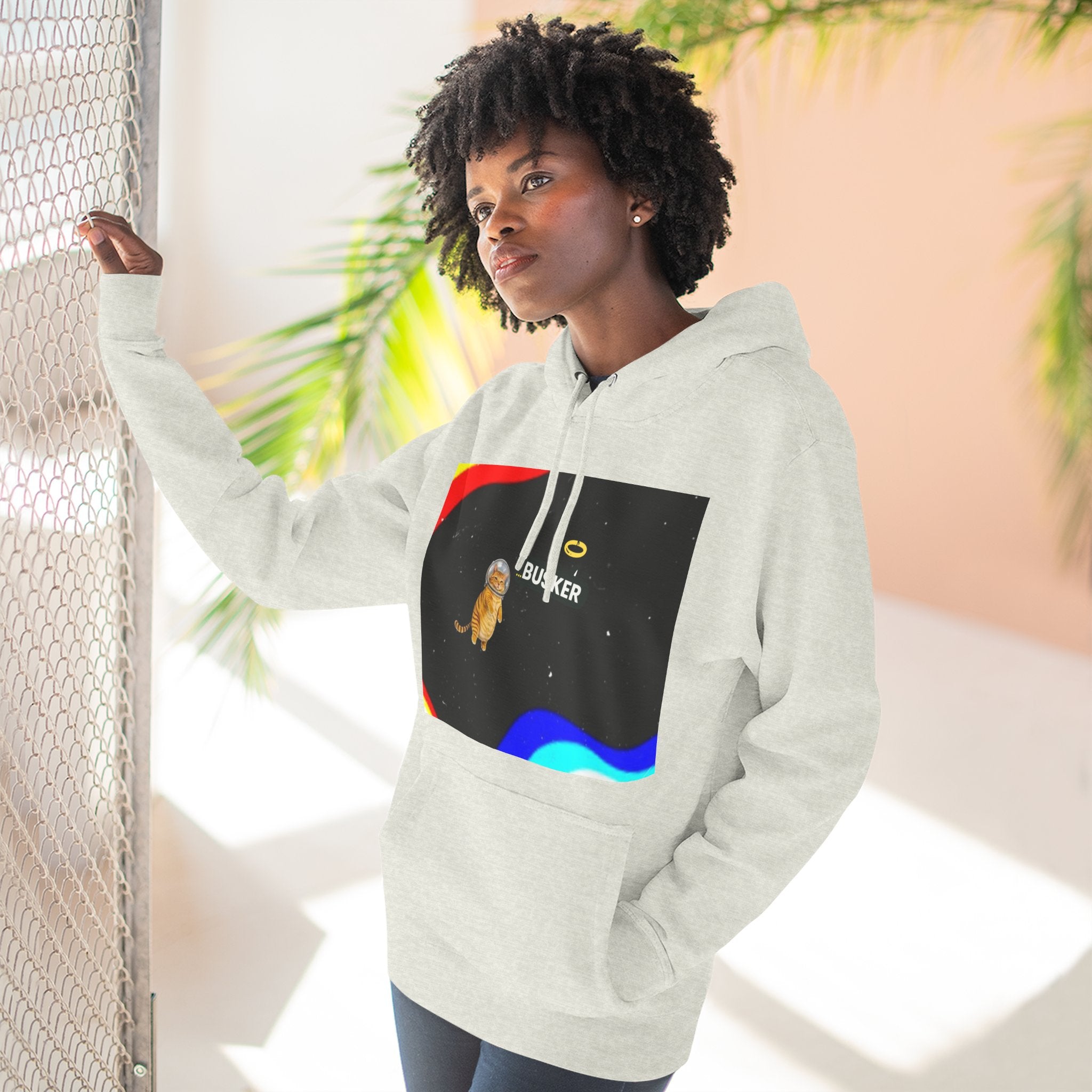 Colorful Space Cat Fleece Hoodie, Cozy, Unique, Gift for Cat Lovers, Birthday, Casual Wear, Fun Design