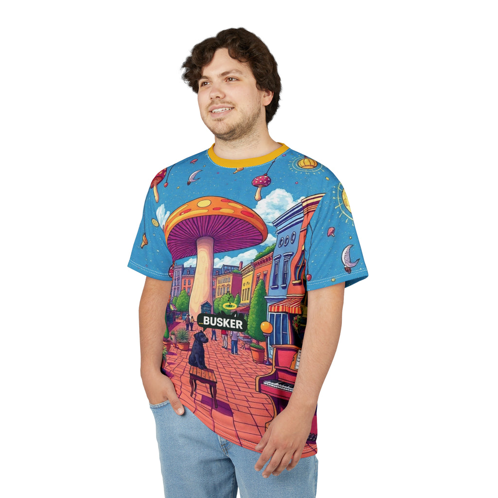 Colorful Mushroom Art Unisex Tee, Funky Graphic Tee, Gift for Music Lovers, Street Art Apparel, Summer Festival Shirt, Unique AOP T-Shirt