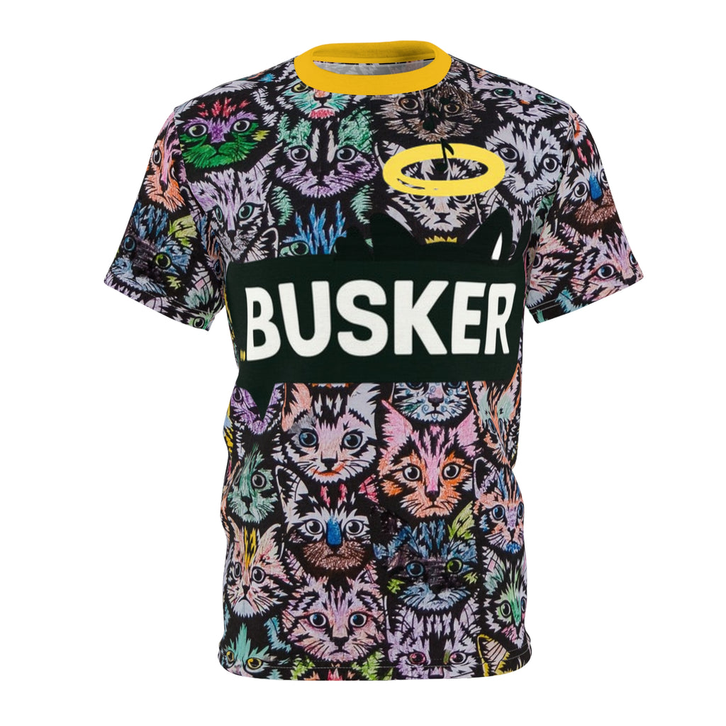 Colorful Cat-Themed Unisex Tee, Fun Graphic T-Shirt, Cat Lover Gift, Casual Wear, Unique AOP Design, Busker Inspired Apparel