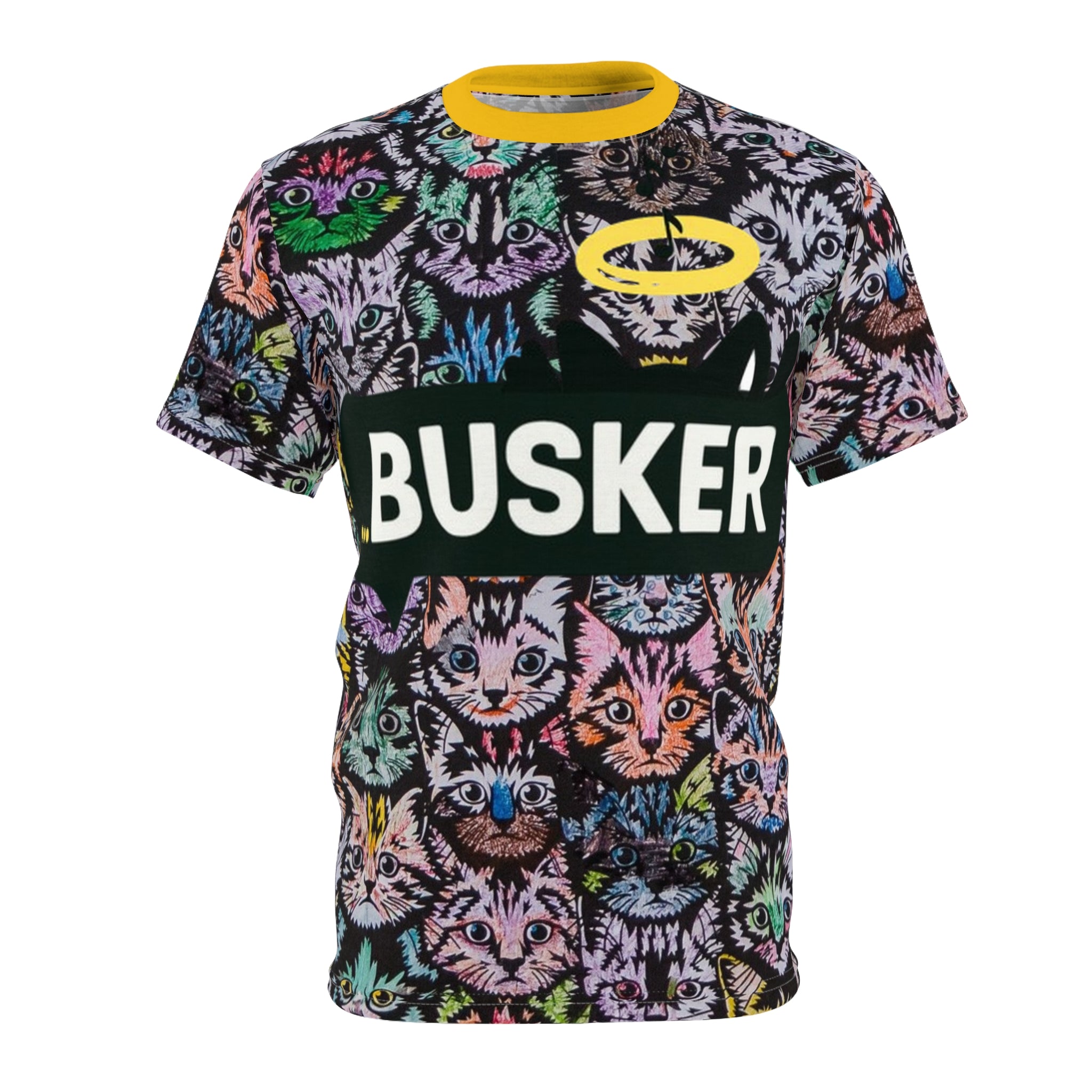 Colorful Cat-Themed Unisex Tee, Fun Graphic T-Shirt, Cat Lover Gift, Casual Wear, Unique AOP Design, Busker Inspired Apparel
