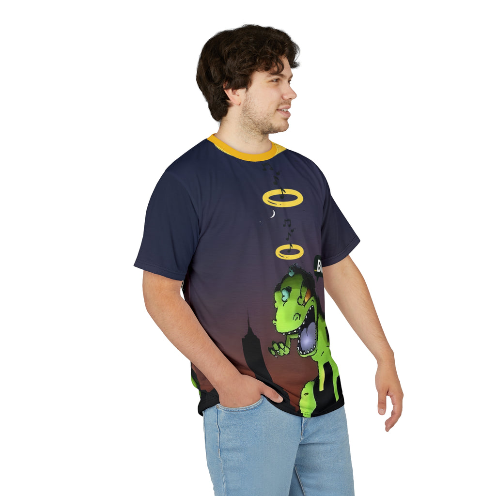 Rooftop Dino Busker Tee | Fun Graphic Shirt for Music Lovers, Festivals, Retro Style, Unisex T-Shirt, Unique Gift Idea