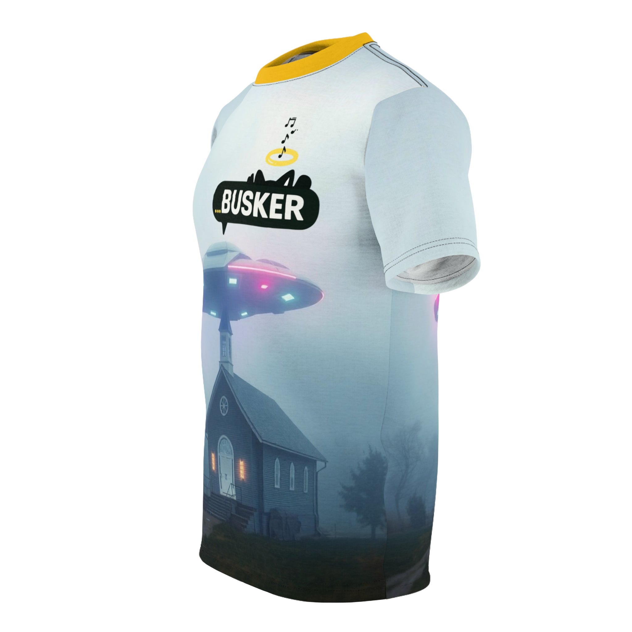 Cool Graphic Tee for Music Lovers | UFO Busker Design, Unique T-Shirt, Music Festival Wear, Quirky Gift, Unisex Casual Wear