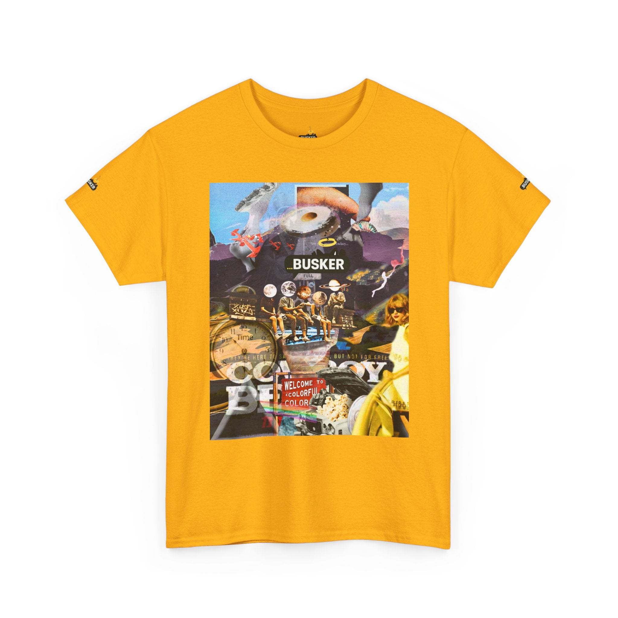 Busker Collage Graphic Tee — Vintage Music Poster Streetwear