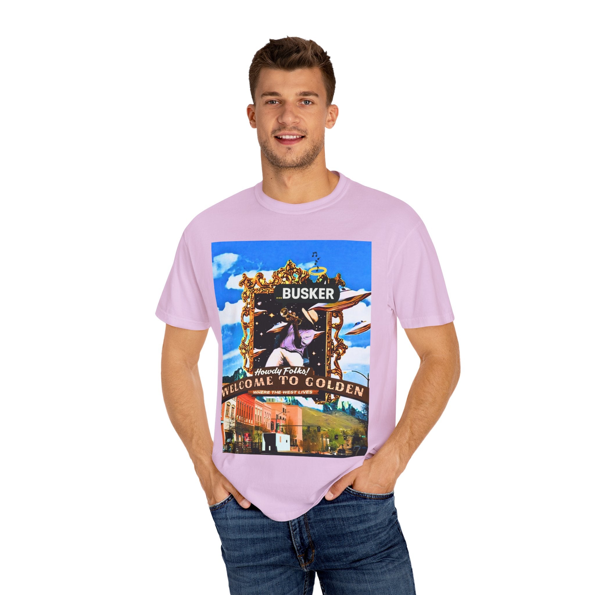 "Welcome to Golden" Exclusive Busker Unisex Garment-Dyed T-shirt, Music Lover Gift, Vintage Style Tee, Festival Wear, Casual Outfit