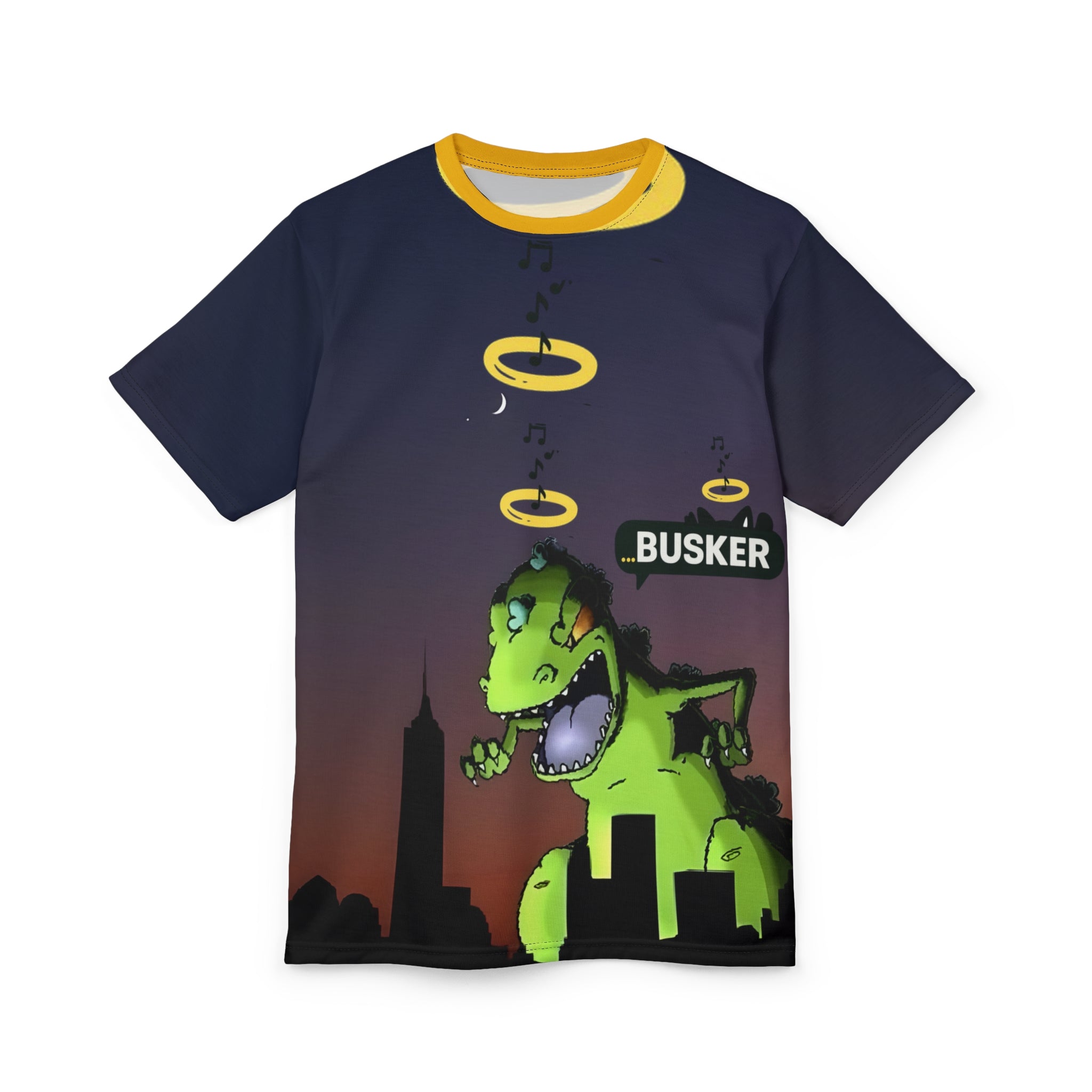 Rooftop Dino Busker Tee | Fun Graphic Shirt for Music Lovers, Festivals, Retro Style, Unisex T-Shirt, Unique Gift Idea